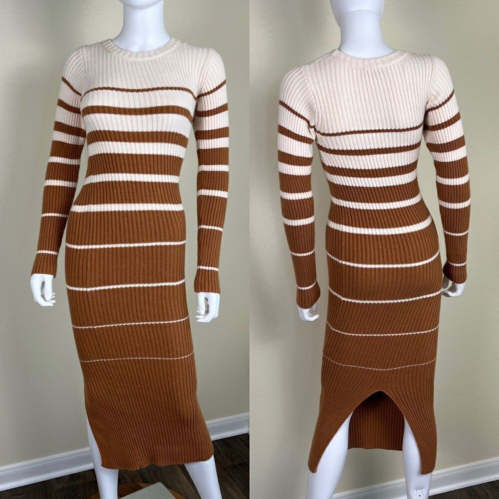 Lulus Women's Size XS Seasonal Status Ivory and Brown Striped Midi Sweater Dress
